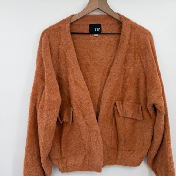 Kut From The Kloth Jana Open Front Fuzzy Cardigan Women Large Rust Relaxed - Picture 2 of 9